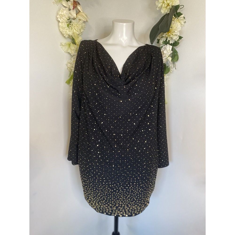 Laura Ashley Women's Vintage Top Tunic Cowl Neck Black Gold Detail Size XL EUC